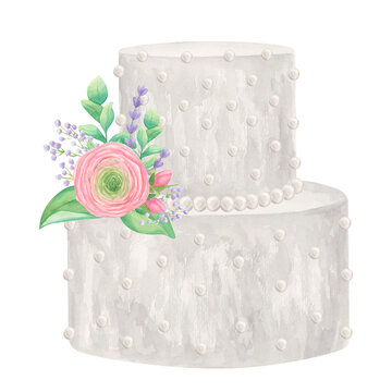 White wedding cake in two tiers, decorated with flowers. Watercolor illustration isolated on white background