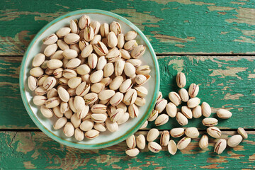 Salted pistachios in plate