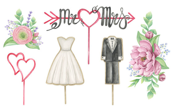 Wedding cake decoration. Figurines of the bride's dress, the groom's robe and the inscription Mr. and Mrs., floral arrangements. Watercolor illustration on a white background