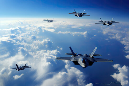 squadron of unmanned, AI-controlled fighter jets patrolling the skies, equipped with advanced weapons and sensors that allow them to engage in both air-to-air and air-to-ground combat