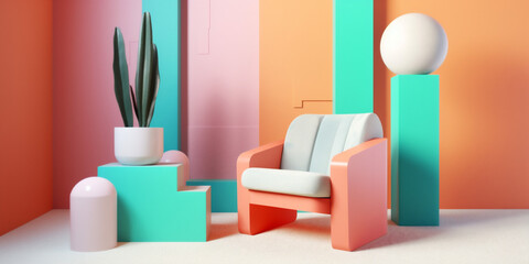 art home room sofa illustration colourful geometric memphis interior armchair design. Generative AI.