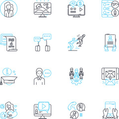 Podcaster linear icons set. Microph, Recording, Broadcasting, Interviewing, Audio, Editing, Hosting line vector and concept signs. Scripting,Marketing,Guest outline illustrations