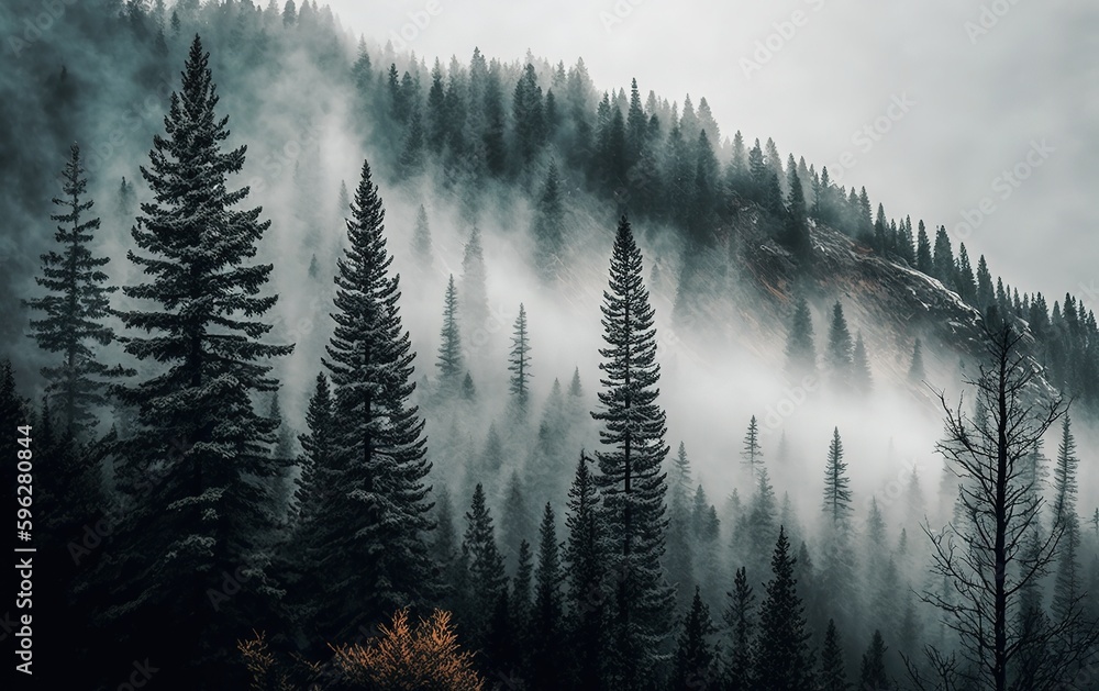 Poster fogged-in mountains in the background of a vertical view of spruce trees generative ai