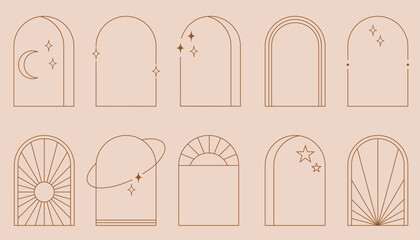 Line arch frame set. Bohemian linear shapes with space and sky elements. Stars and sun in emblem or label, gold logo template. Boho architecture objects for wedding cards and posters design. Vector - obrazy, fototapety, plakaty