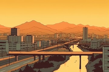 cityscape with majestic mountains in the distance. Generative AI