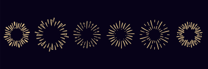Starburst hand drawn elements. Circle sunburst doodle drawing, framed design, badge or label decor. Abstract outline burst, star or firework, explosion or light rays. Vector isolated icons set