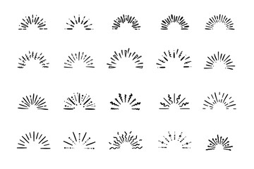 Starburst hand drawn elements. Circle sunburst doodle drawing, framed design, badge or label decor. Abstract outline burst, star or firework, explosion or light rays. Vector isolated icons set