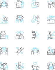 Generosity linear icons set. Giving, Kindness, Charity, Selflessness, Donation, Help, Altruism line vector and concept signs. Humanity,Empathy,Philanthropy outline illustrations
