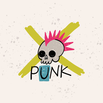 Skull with mohawk. Punk music card. Hand drawn rock sticker. Grunge emblem, poster or print, doodle drawing. Vintage or modern emblem 90s style, colorful cartoon flat isolated vector illustration