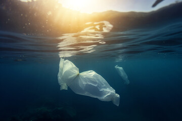 Obraz na płótnie Canvas Plastic bag floats underwater in the ocean at sunset. Environmental pollution, plastic and the ocean