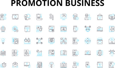 Promotion business linear icons set. Advertising, Marketing, Branding, Publicity, Promotions, Sales, Campaigns vector symbols and line concept signs. Exposure,Engagement,Outreach illustration
