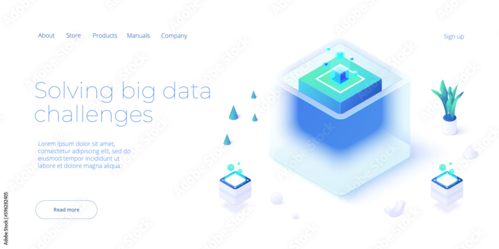 Poster big data technology in isometric vector illustration. information storage and analysis system. digit
