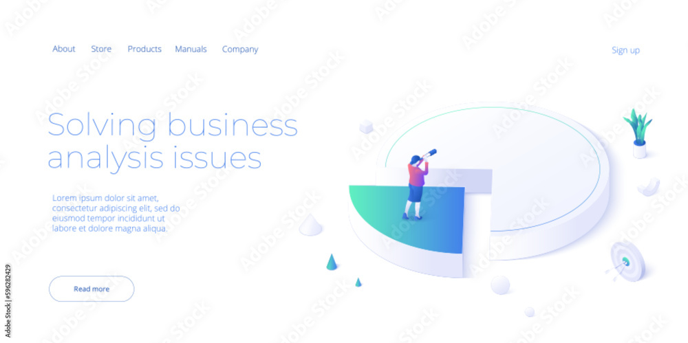Poster business analysis isometric vector illustration. data analytics for company marketing solutions or f