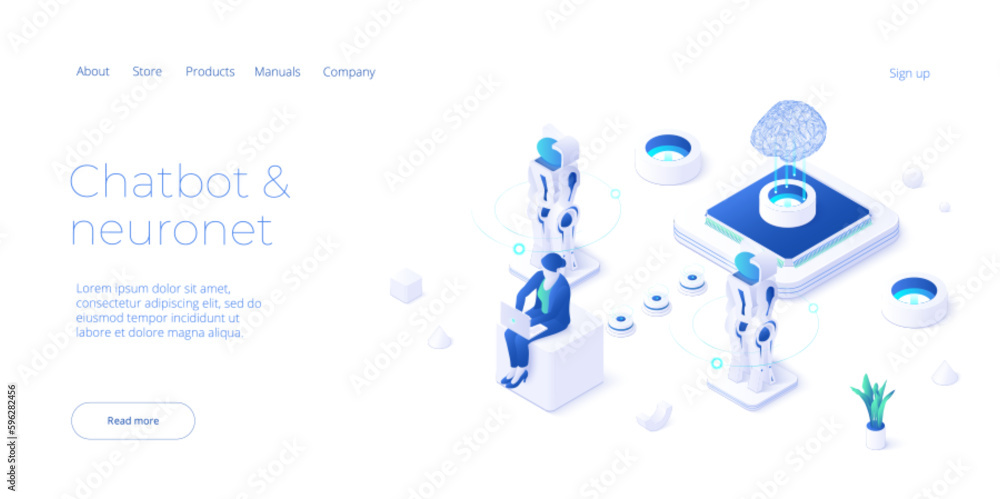 Wall mural chatbot or artificial intelligence network concept in isometric vector illustration. neuronet or ai 