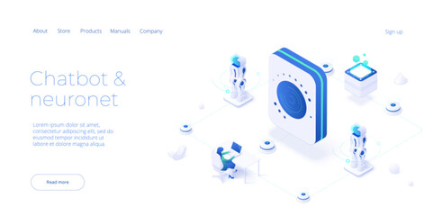 Chatbot or artificial intelligence network concept in isometric vector illustration. Neuronet or ai technology background with robot head and connections of neurons. Web banner layout template