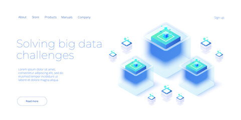 Big data technology in isometric vector illustration. Information storage and analysis system. Digital technology website landing page template