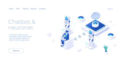 Chatbot or artificial intelligence network concept in isometric vector illustration. Neuronet or ai technology background with robot head and connections of neurons. Web banner layout template