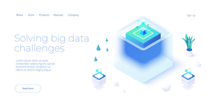 Big data technology in isometric vector illustration. Information storage and analysis system. Digital technology website landing page template