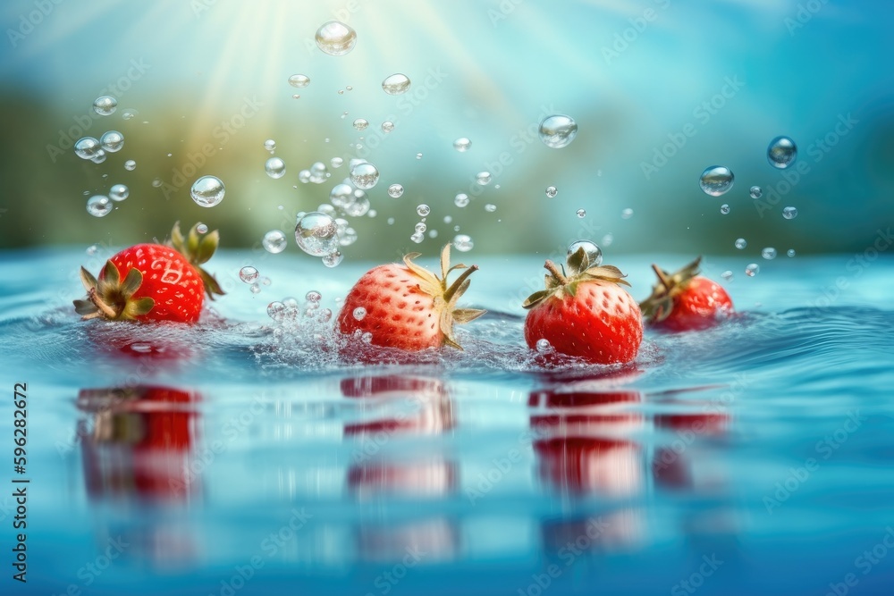 Poster strawberries floating in a pool of water with water droplets. generative ai