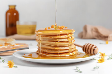 Pancakes with honey in a plate on the table, tasty breakfast food, Generative AI