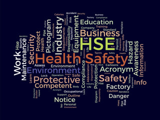 Word cloud background concept for Health Safety Environment (HSE). Business education regulation, safe workplace quality of security equipment permit. vector illustration.