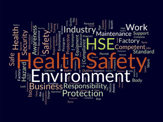 Word cloud background concept for Health Safety Environment (HSE). Business education regulation, safe workplace quality of security equipment permit. vector illustration.