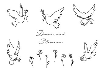 かわいい花を届けに羽ばたく白い鳩のシンプルなベクター線イラスト