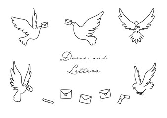 手紙を届けに羽ばたく白い鳩のシンプルなベクター線イラスト