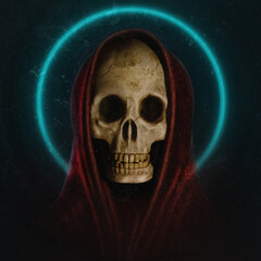 Concept illustration of veiled red scary figure with bone skull mask and holy halo nimbus of light isolated on black and blue background in dark art style