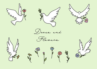 かわいい花を届けに羽ばたく白い鳩のシンプルなベクター線イラスト
