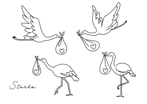 おくるみに入ったハートを運ぶコウノトリのベクター線イラスト