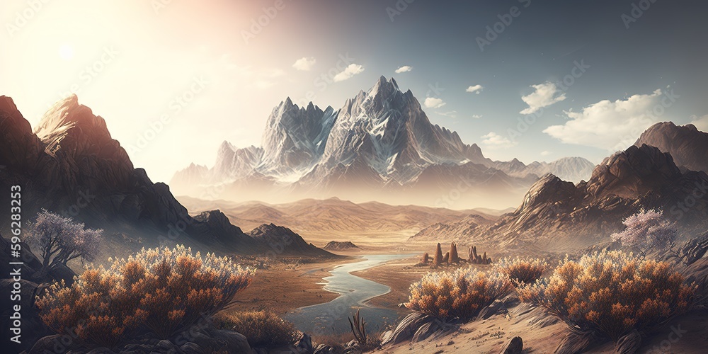 Poster the mountains are in the foreground of a vast panorama in this wide-angle image. generative ai