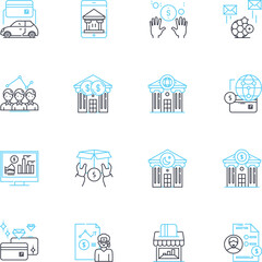 Fiscal policy linear icons set. Budget, Deficit, Surplus, Taxation, Government spending, Revenue, Inflation line vector and concept signs. Economic growth,National debt,Public finance outline