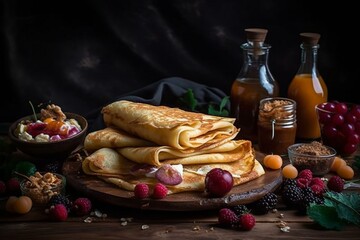 Traditional breakfast food from Ukraine that resembles thin crepes often filled with sweet or savory toppings. Generative AI