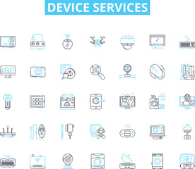 Device services linear icons set. Repairs, Maintenance, Upgrades, Optimization, Diagnostics, Troubleshooting, Configuration line vector and concept signs. Calibration,Alteration,Restoration outline