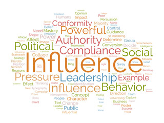 Word cloud background concept for Influence. leadership influence power for client management, share strategy concept. vector illustration.