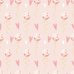 Vector print. Pink,white and yellow set with helium ballons and hearts. Baby shower vector pattern for fabric, textile, wrapping paper, cards ets. Newborn illustration. Pretty pastel pink girls art.