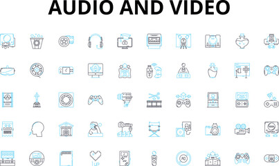 audio and video linear icons set. Playback, Streaming, Editing, Mixing, Recording, Encoding, Sampling vector symbols and line concept signs. Synthesis,Amplification,Visualization illustration