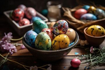 Fototapeta premium Easter colored eggs in a basket Generative AI.