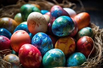 Fototapeta na wymiar Easter colored eggs in a basket Generative AI.