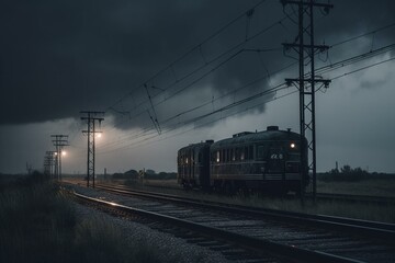 Fototapeta na wymiar A train on tracks under a dark cloudy sky with a telephone pole on top. Generative AI