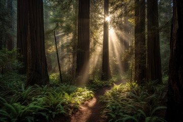 Rays of the sun in the green forest. Generative AI.