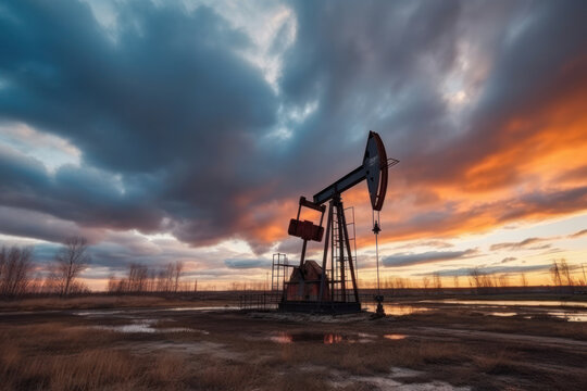 Oil pump setting at sunrise, capturing the energy of a new day. Generative AI.