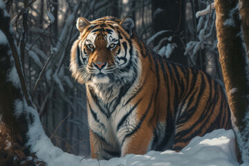 Fototapeta na wymiar Tiger in wild winter nature. Generative AI.