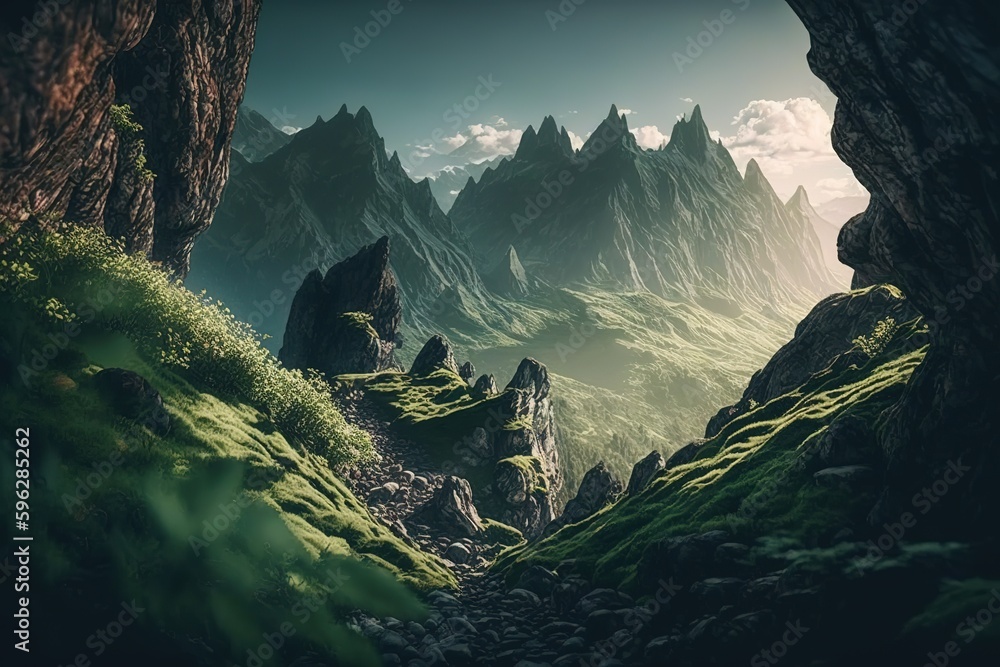 Poster sunlight bathing the lush slopes of the alps in this vertical image. generative ai