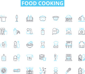 Food cooking linear icons set. Saut?ing, Grilling, Baking, Frying, Roasting, Braising, Boiling line vector and concept signs. Simmering,Stir-fry,Steaming outline illustrations