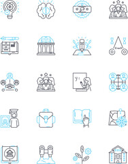 Intelligent college linear icons set. Knowledgeable, Innovative, Resourceful, Versatile, Technologically-advanced, Brains, Futuristic line vector and concept signs. Proactive,Adaptive,Curious outline