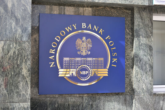 National Bank of Poland (Narodowy Bank Polski, NBP) facade with plaque and coat of arms of Poland. RZESZOW, POLAND - APRIL 16, 2023