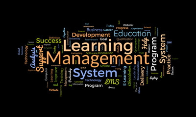 Word cloud background concept for Learning Management System(LMS). Business development goal, analysis of success knowledge improvement. vector illustration.