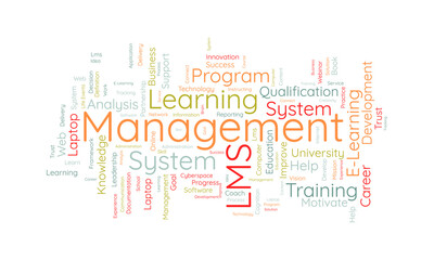 Obraz premium Word cloud background concept for Learning Management System(LMS). Business development goal, analysis of success knowledge improvement. vector illustration.
